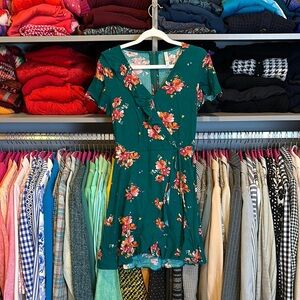 Xhilaration green/orange floral faux wrap dress size S